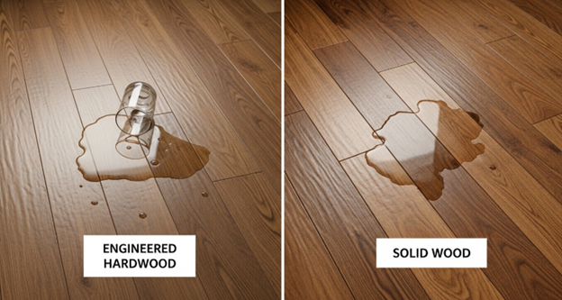 hardwood flooring water resistance test, spill protection, engineered hardwood vs solid wood moisture, flooring care example