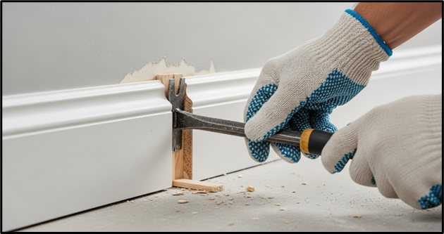 removing baseboard trim from wall with pry bar