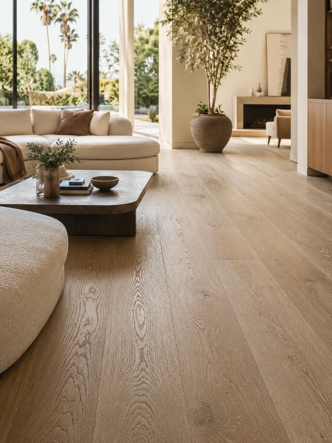 Wire-brushed hardwood flooring in a bright modern Los Angeles living room