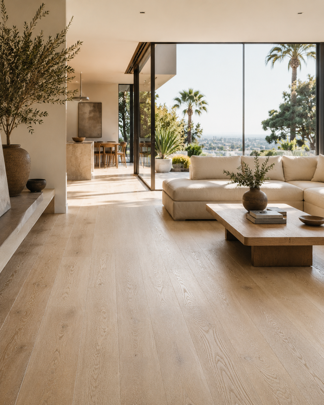 Wire-brushed hardwood flooring installation in a modern hillside residence