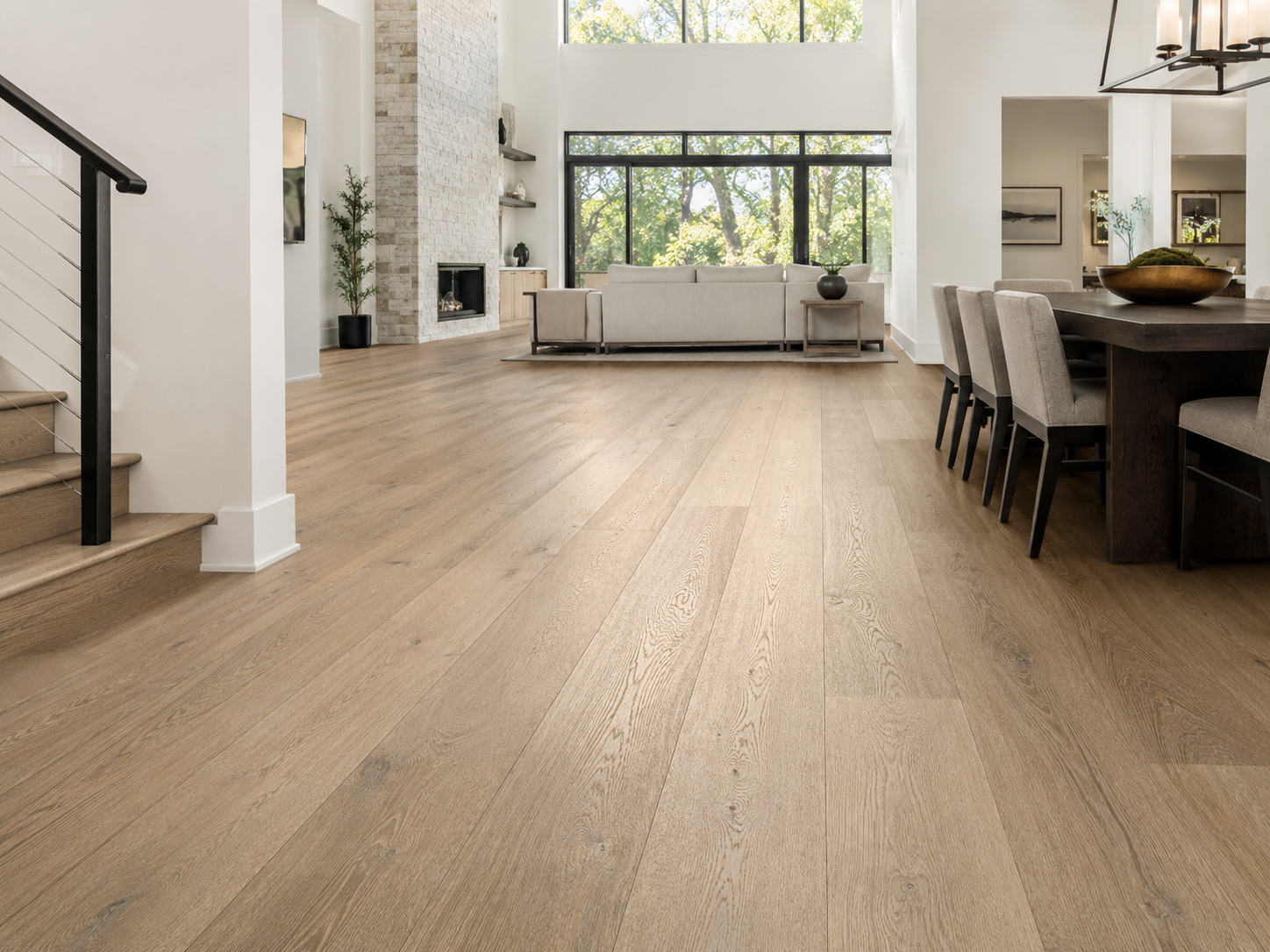 Open-plan interior with continuous wire-brushed hardwood flooring