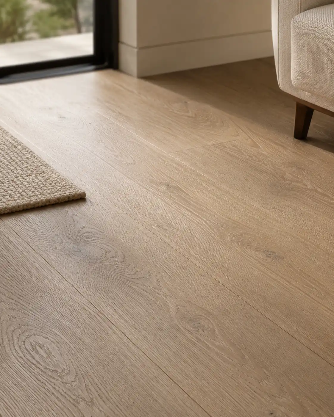 Natural tone wire-brushed hardwood flooring in a sunlit interior corner