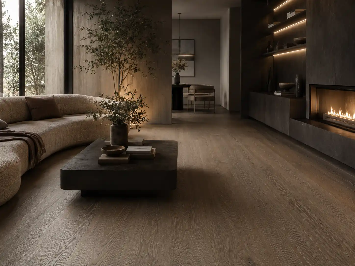 Designer wire-brushed hardwood flooring with custom reactive stain