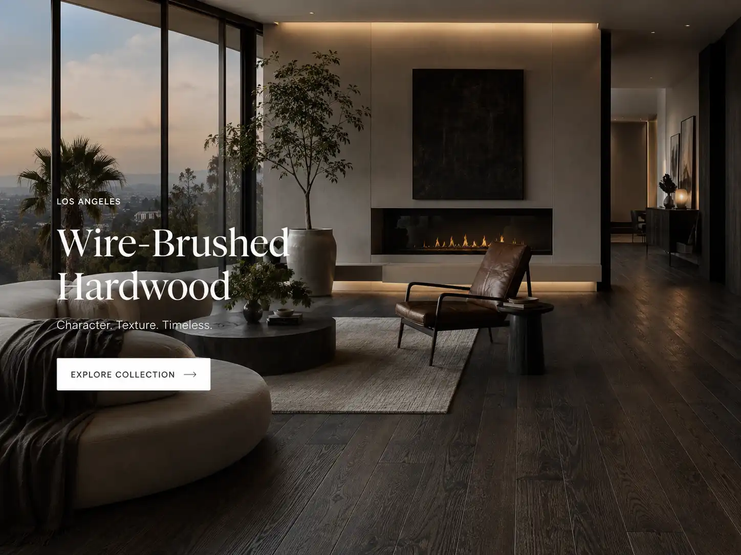Dark smoked wire-brushed hardwood flooring in a luxury modern interior