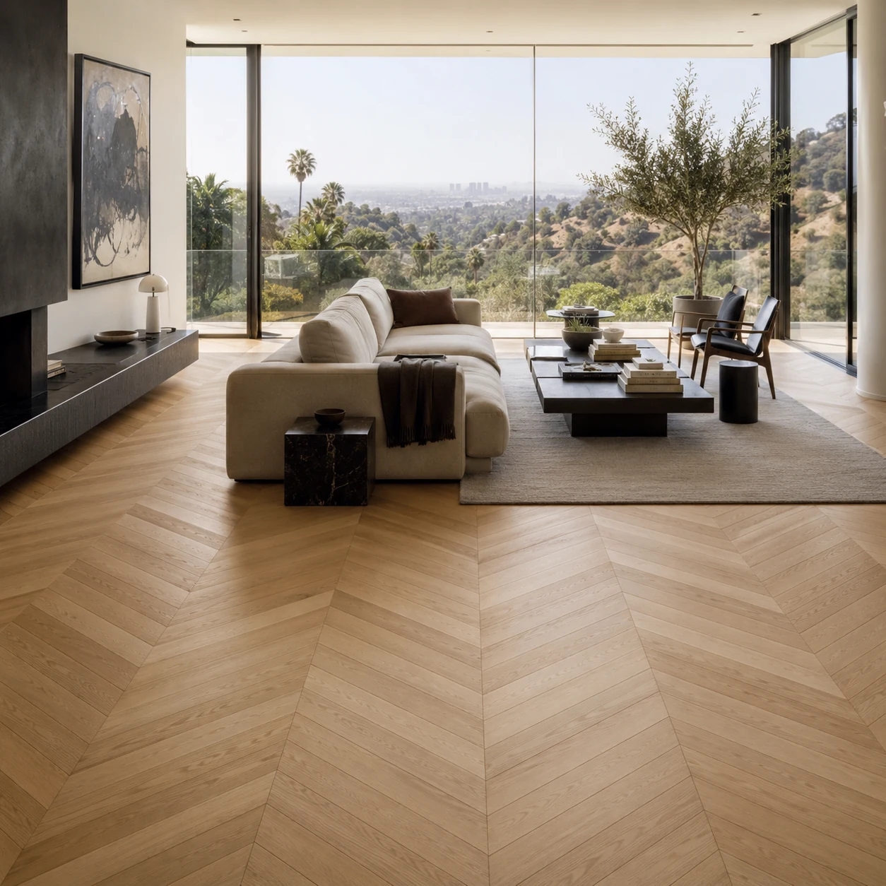 Modern hillside residence with chevron hardwood flooring