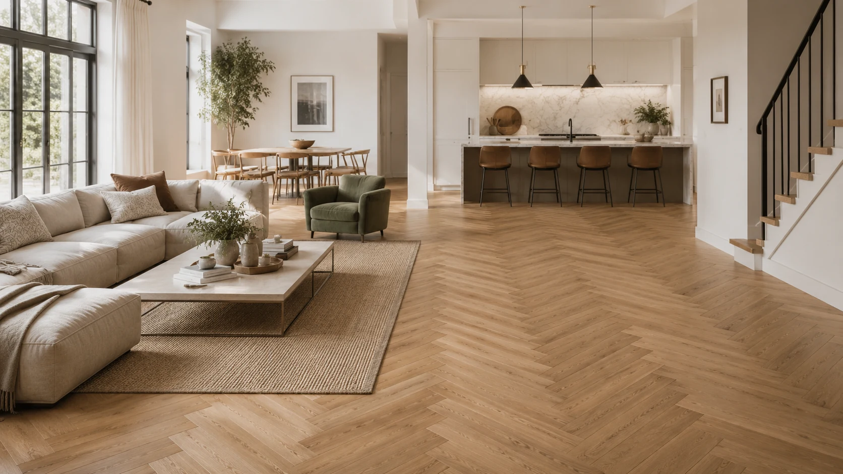Open-plan interior with continuous chevron floor layout