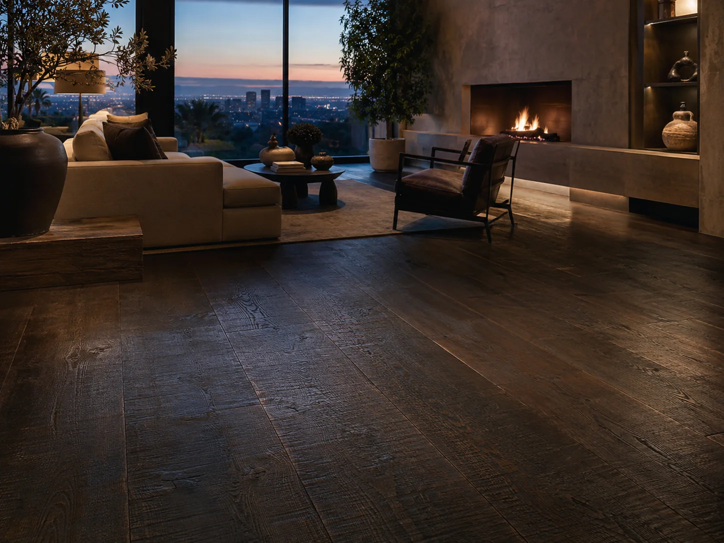 Dark smoked hand-scraped hardwood flooring in a luxury interior