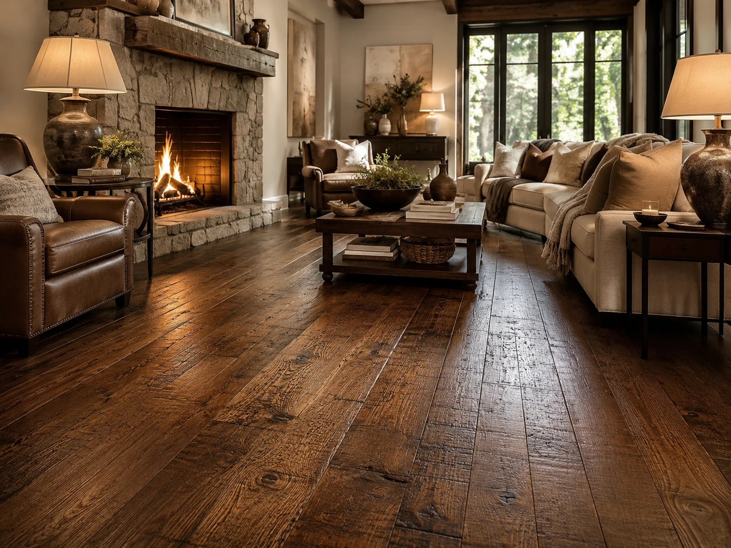 Designer hand-scraped hardwood flooring with custom reactive stain