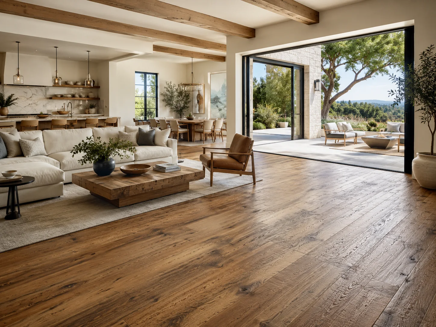 Hand-scraped hardwood flooring installation in a modern hillside residence