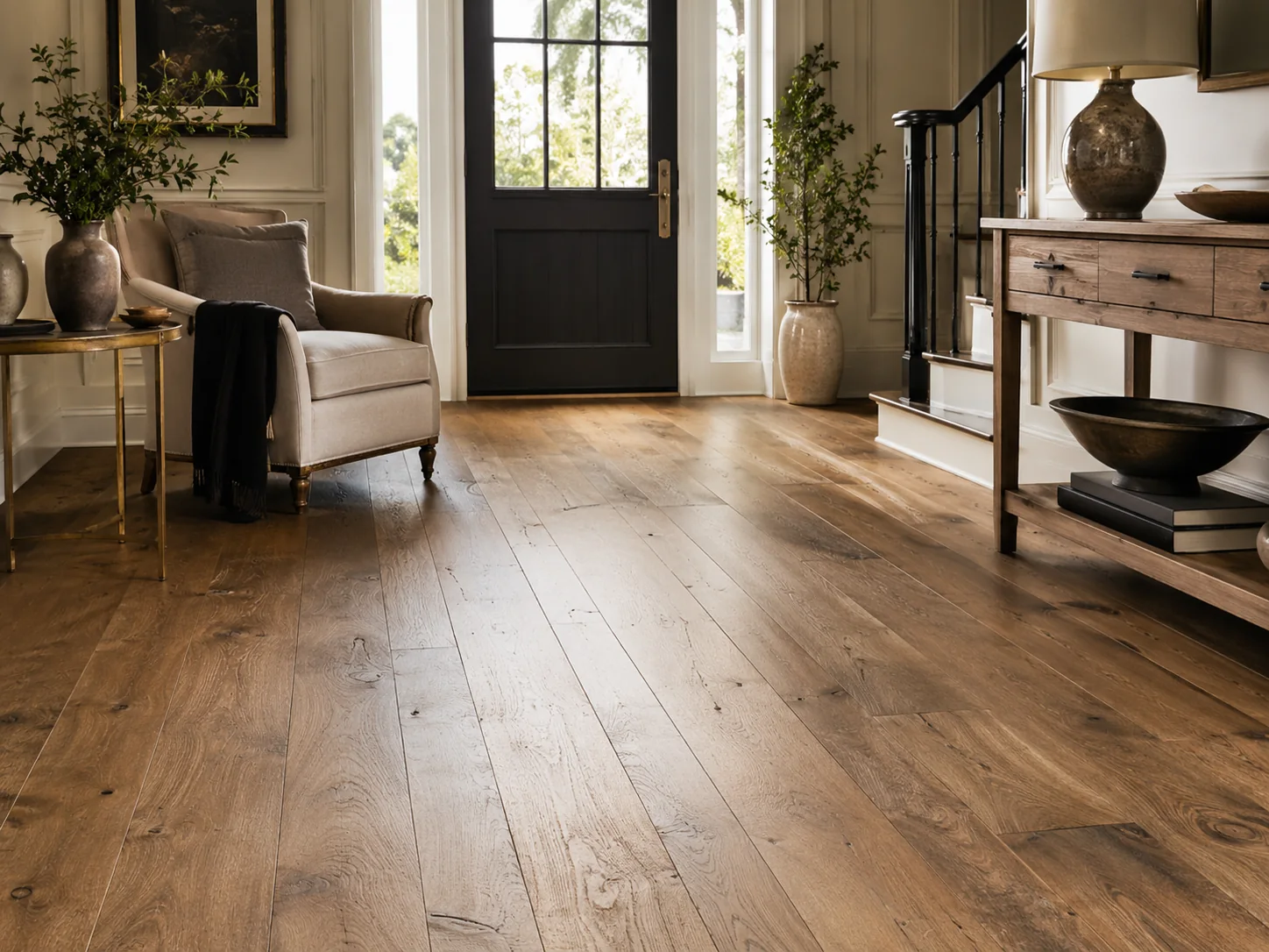 Natural tone hand-scraped hardwood flooring in a stylish entryway