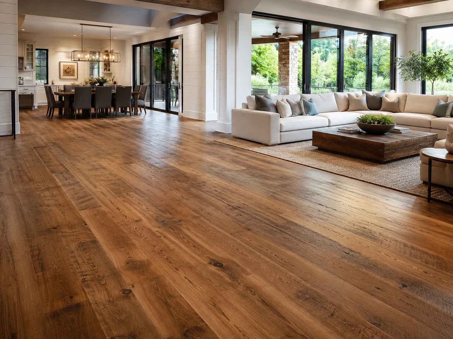 Open-plan living space with hand-scraped hardwood flooring