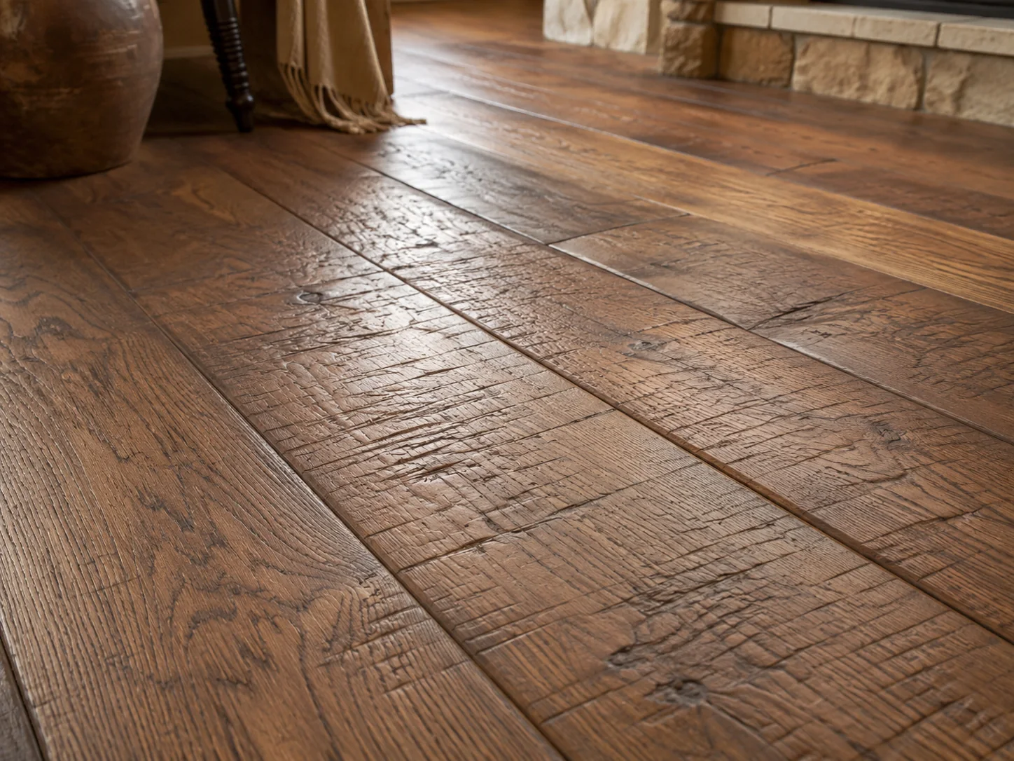 Close-up of hand-scraped hardwood flooring surface texture