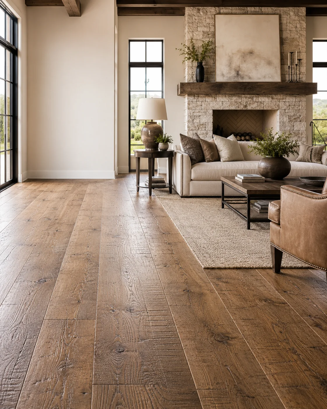 Hand-scraped hardwood flooring in a warm luxury living room