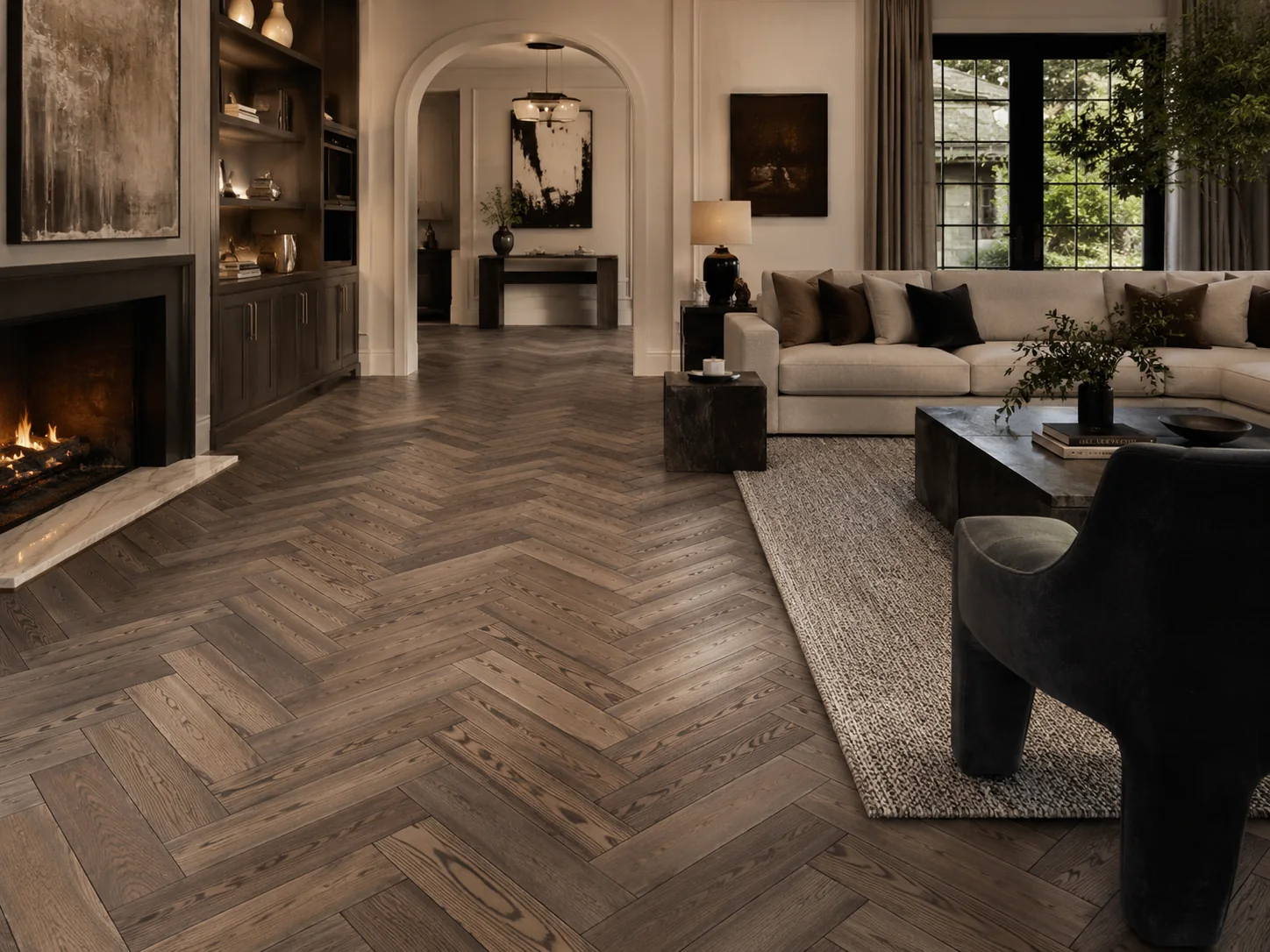 Designer herringbone flooring with custom reactive stain
