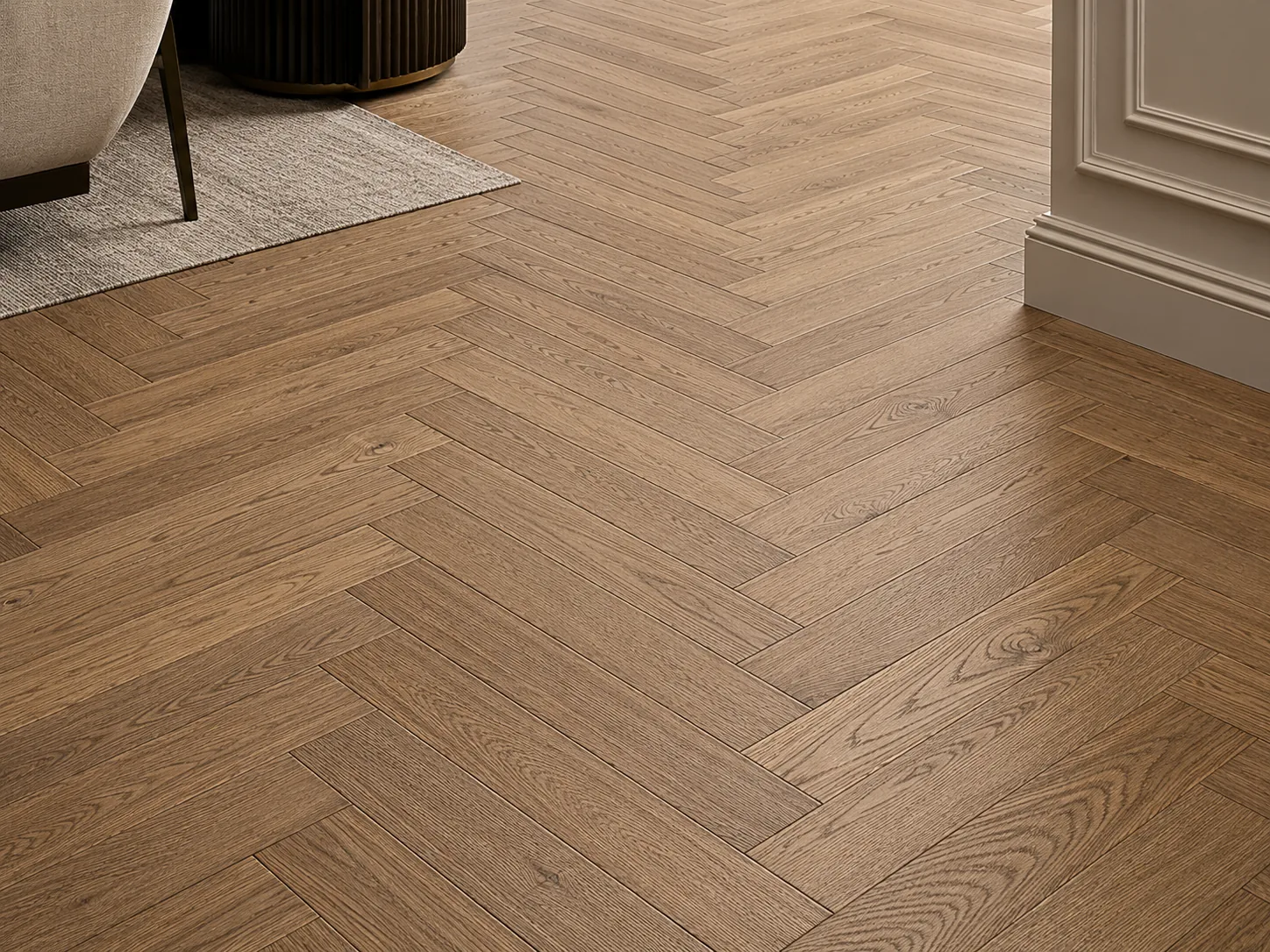 Luxury herringbone hardwood flooring in a designer interior