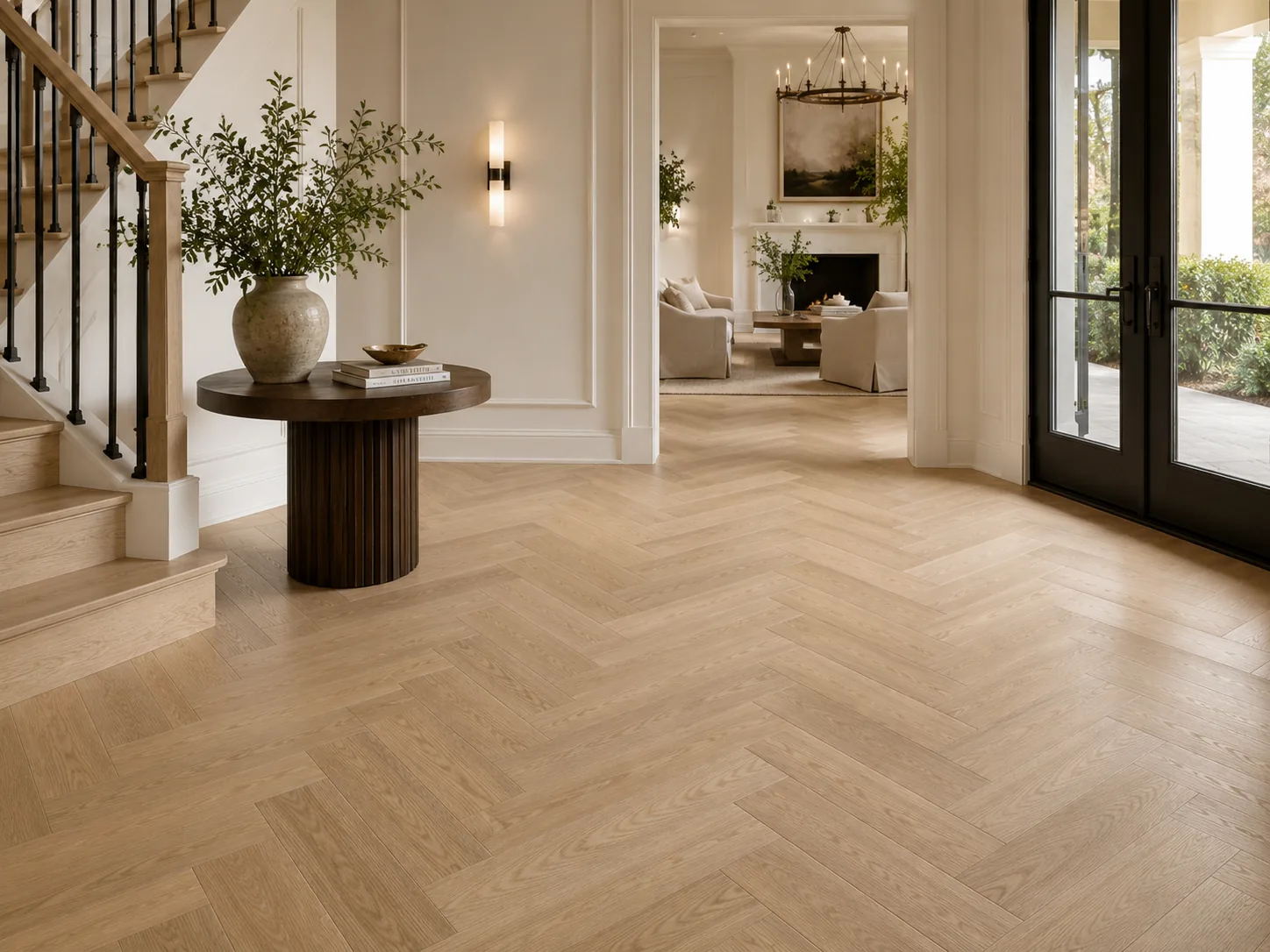Natural tone herringbone flooring detail