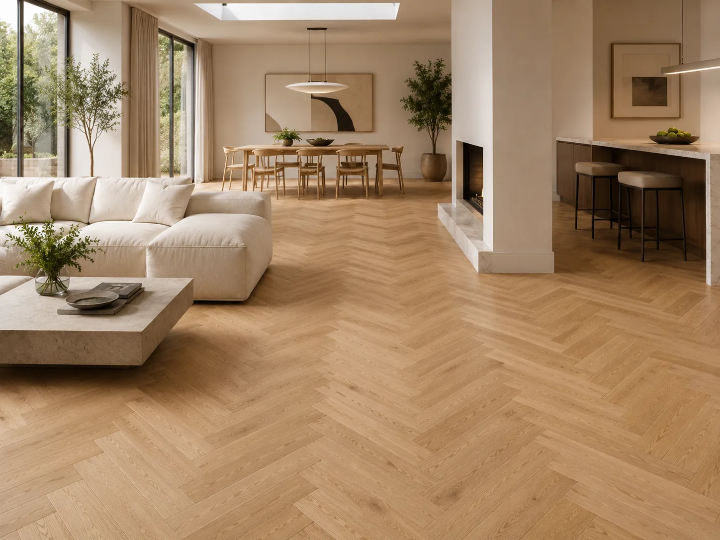Open-plan interior with continuous herringbone flooring