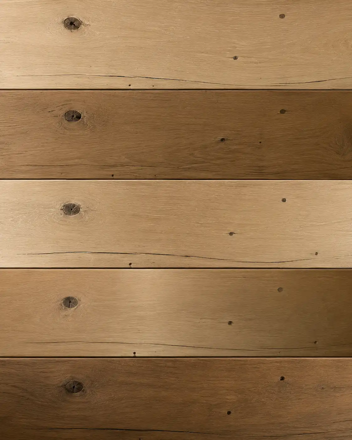 Distressed hardwood flooring with knots, mineral streaks, and lived-in character