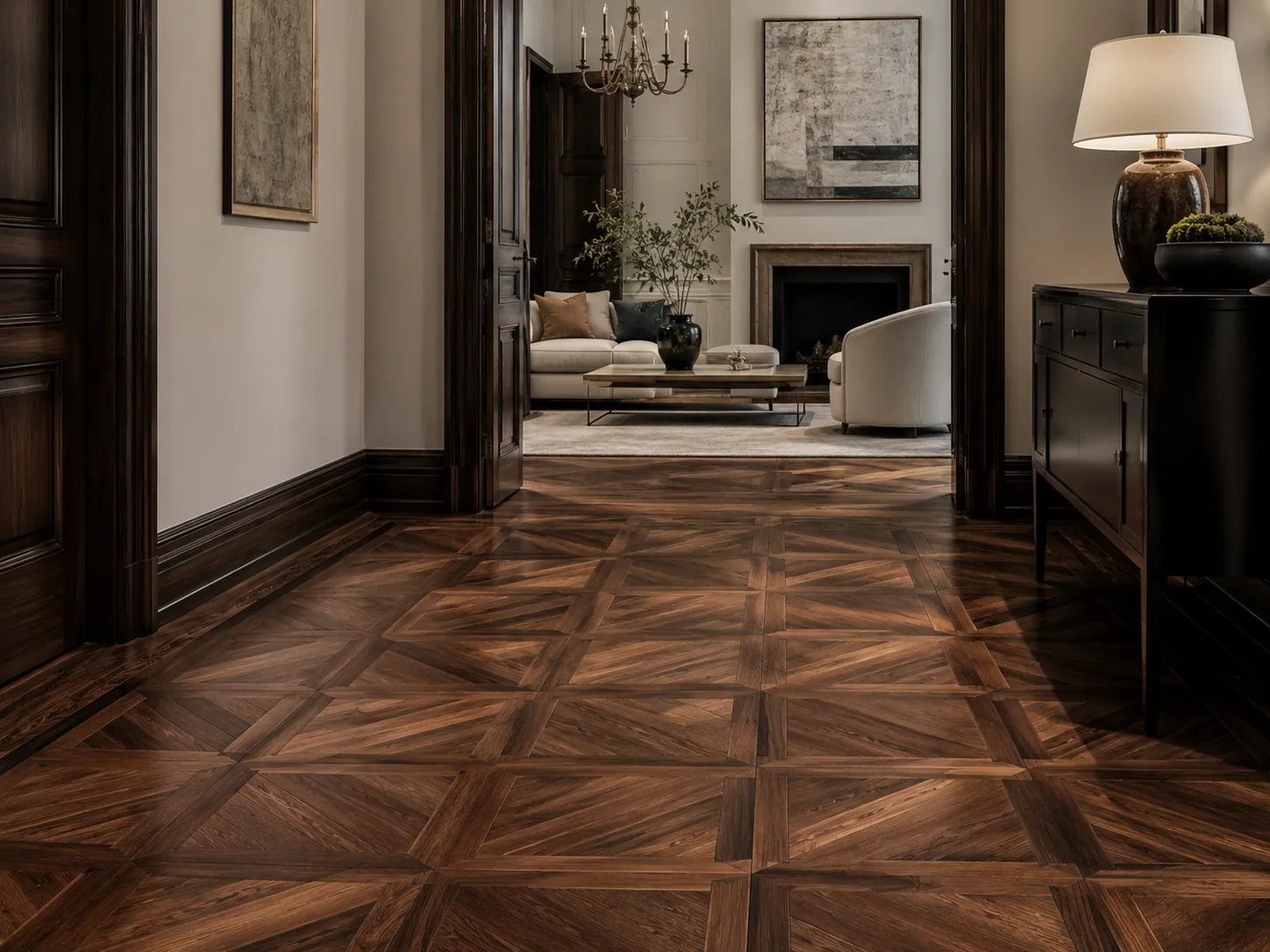 Dark smoked parquet flooring variation in an interior