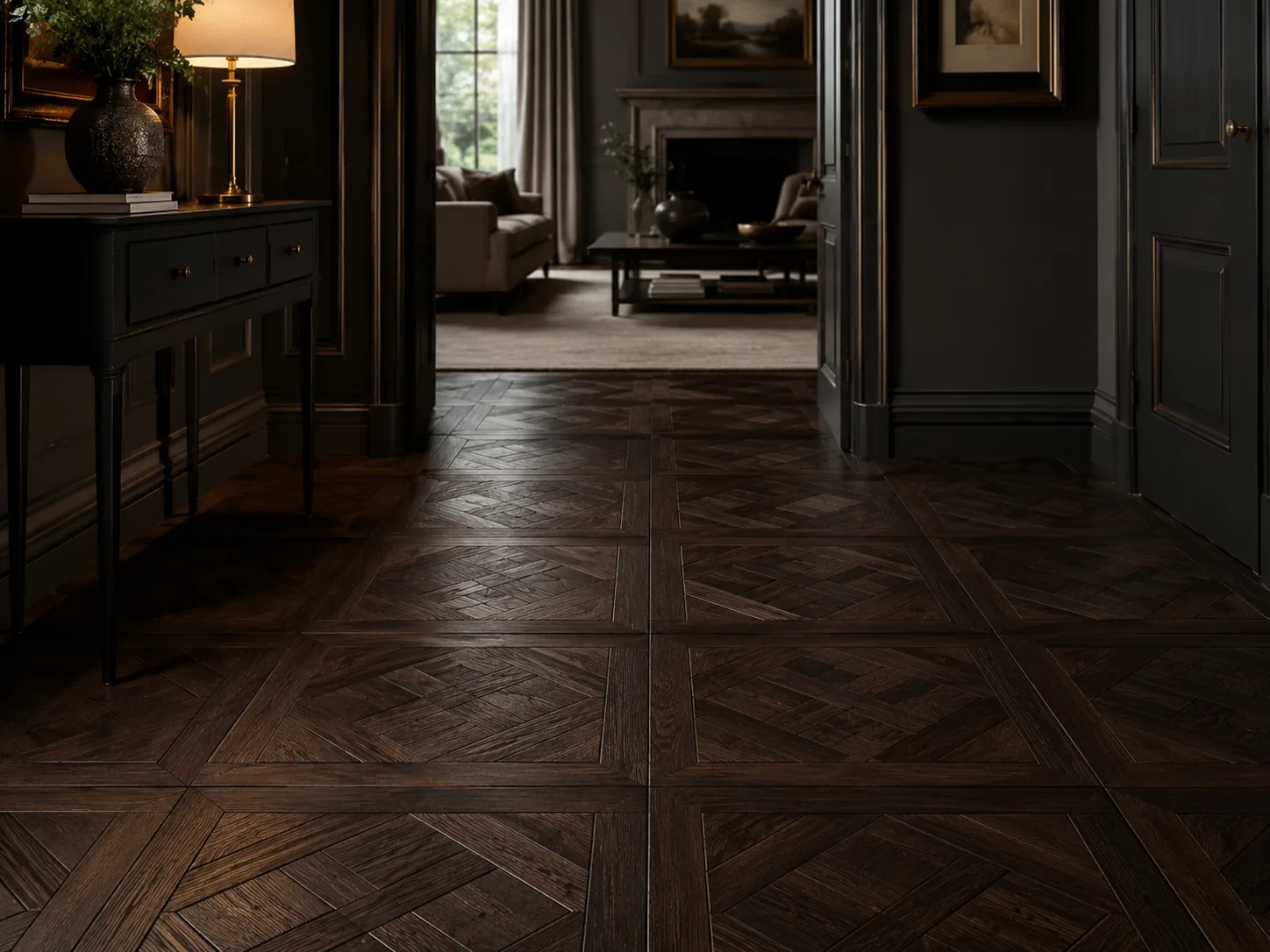 Designer parquet flooring with custom reactive stain