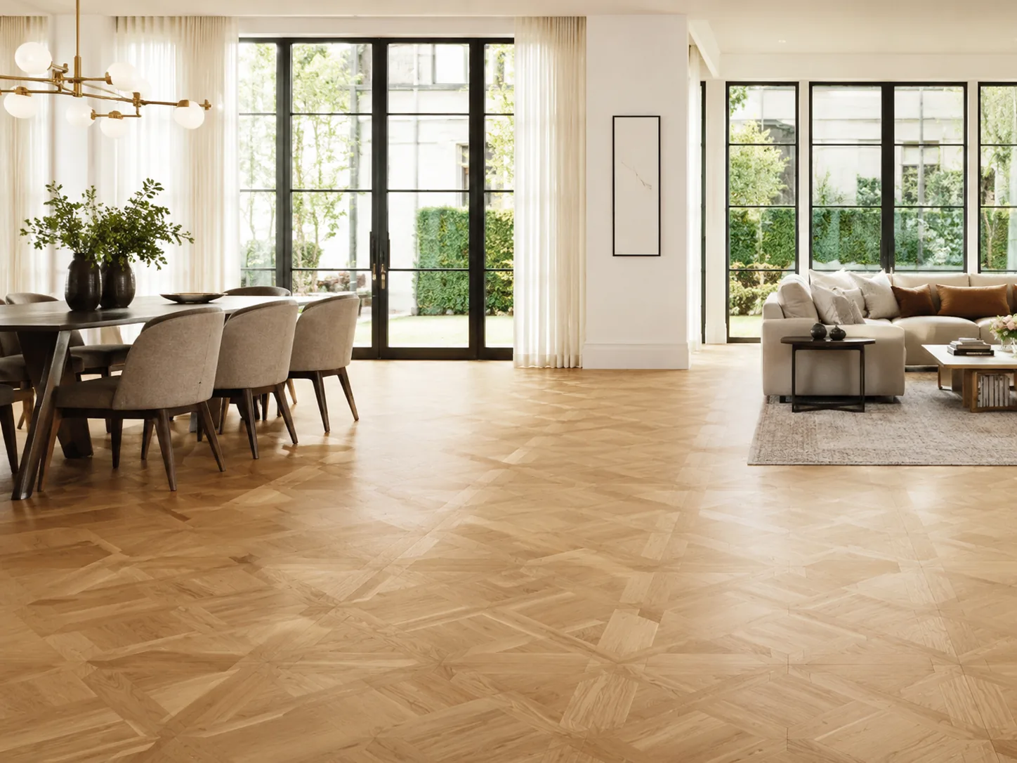 Open-plan interior with continuous parquet flooring