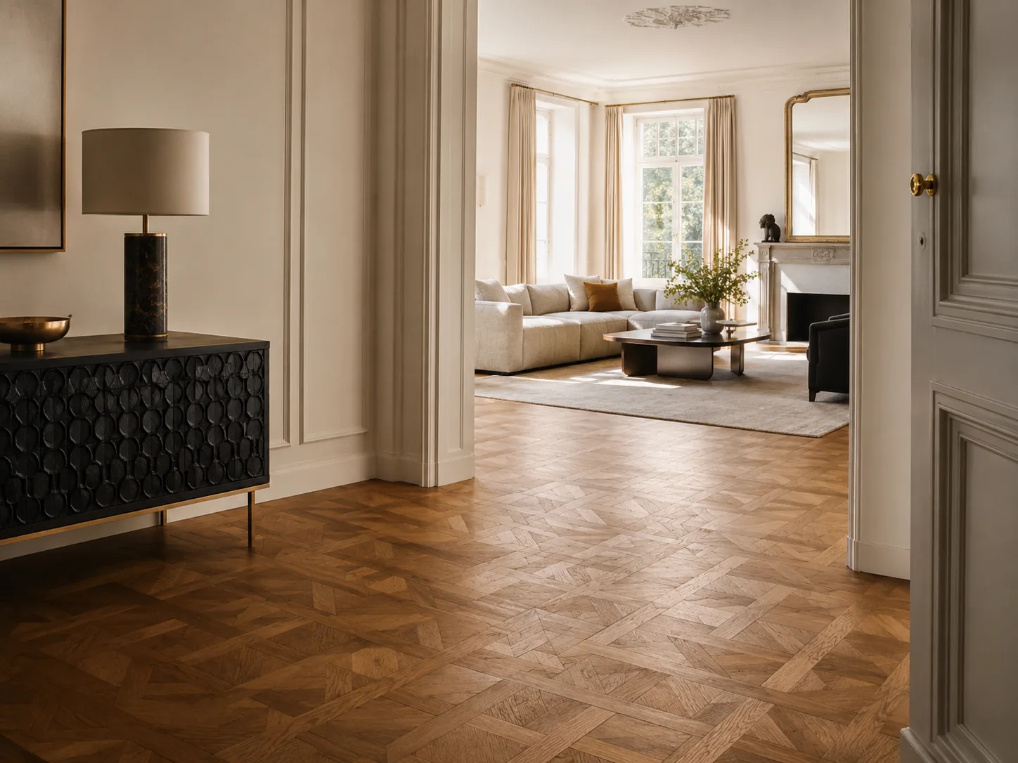Luxury parquet flooring in a bright interior room