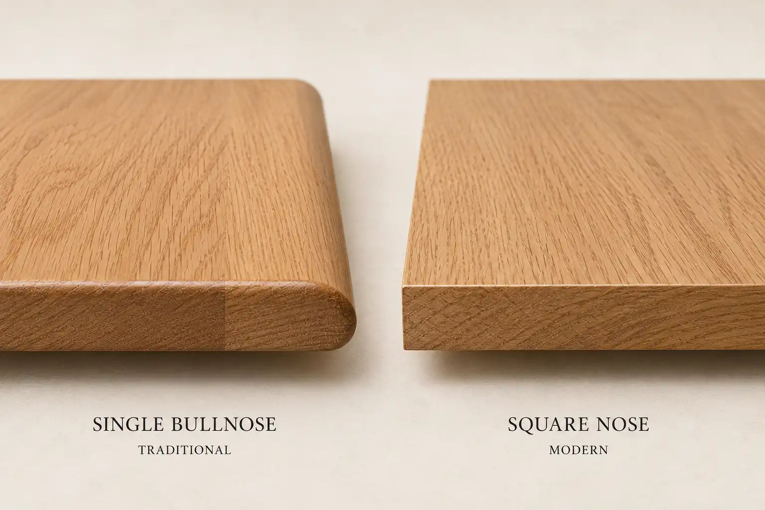 Close-up comparison of a rounded single bullnose stair tread profile versus a contemporary square nose profile