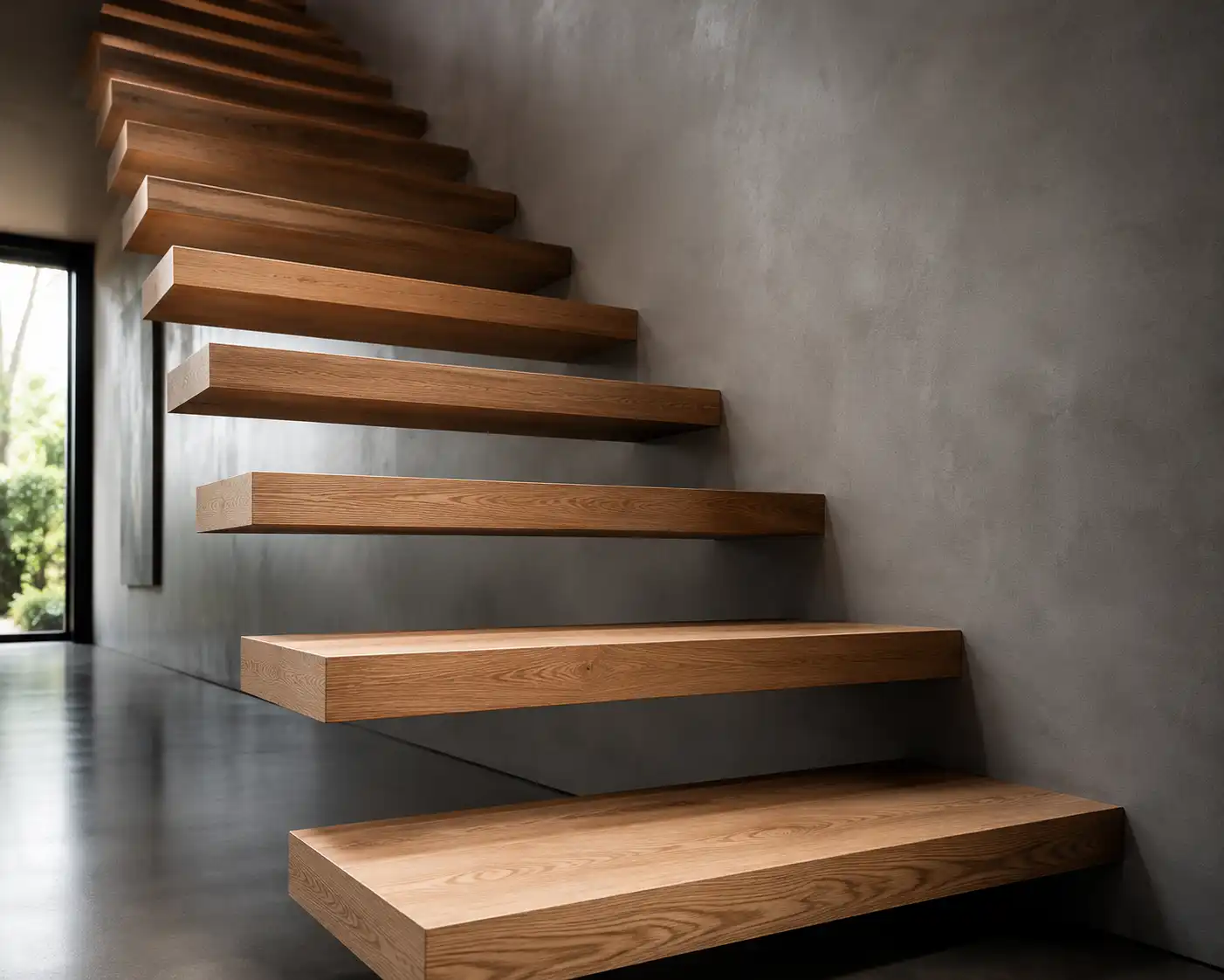 Cantilever floating staircase treads extending cleanly from a structural masonry side wall