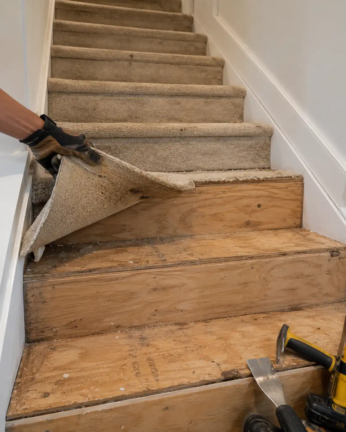 Old carpet being removed from residential stairs during a hardwood tread retrofit renovation