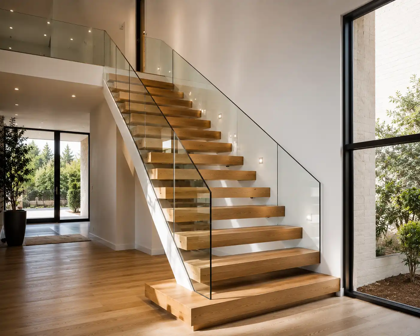 Double stringer open riser staircase structure with custom structural glass panel side balustrades