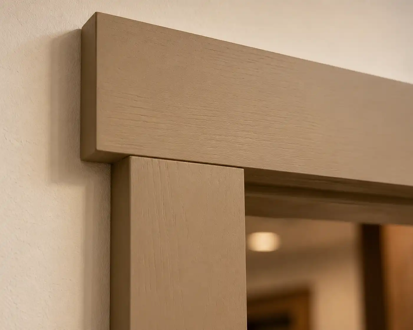 Close-up macro detail of a classic Craftsman door casing butt corner joint