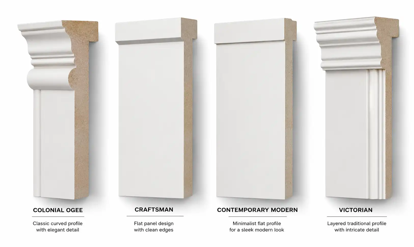 Side-by-side architectural rendering comparison of different interior door casing styles