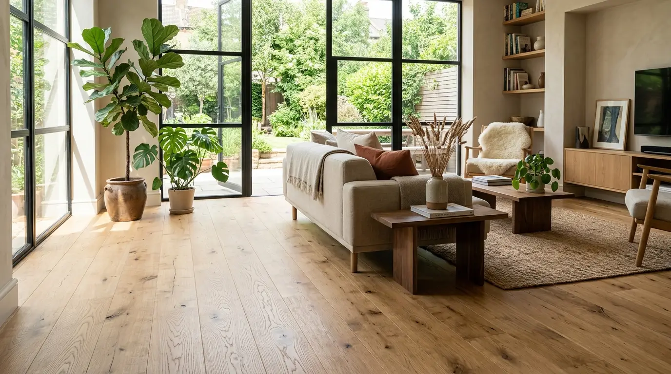 Eco-luxury residential interior with sustainable wide plank hardwood floors installed cleanly matching clean design parameters