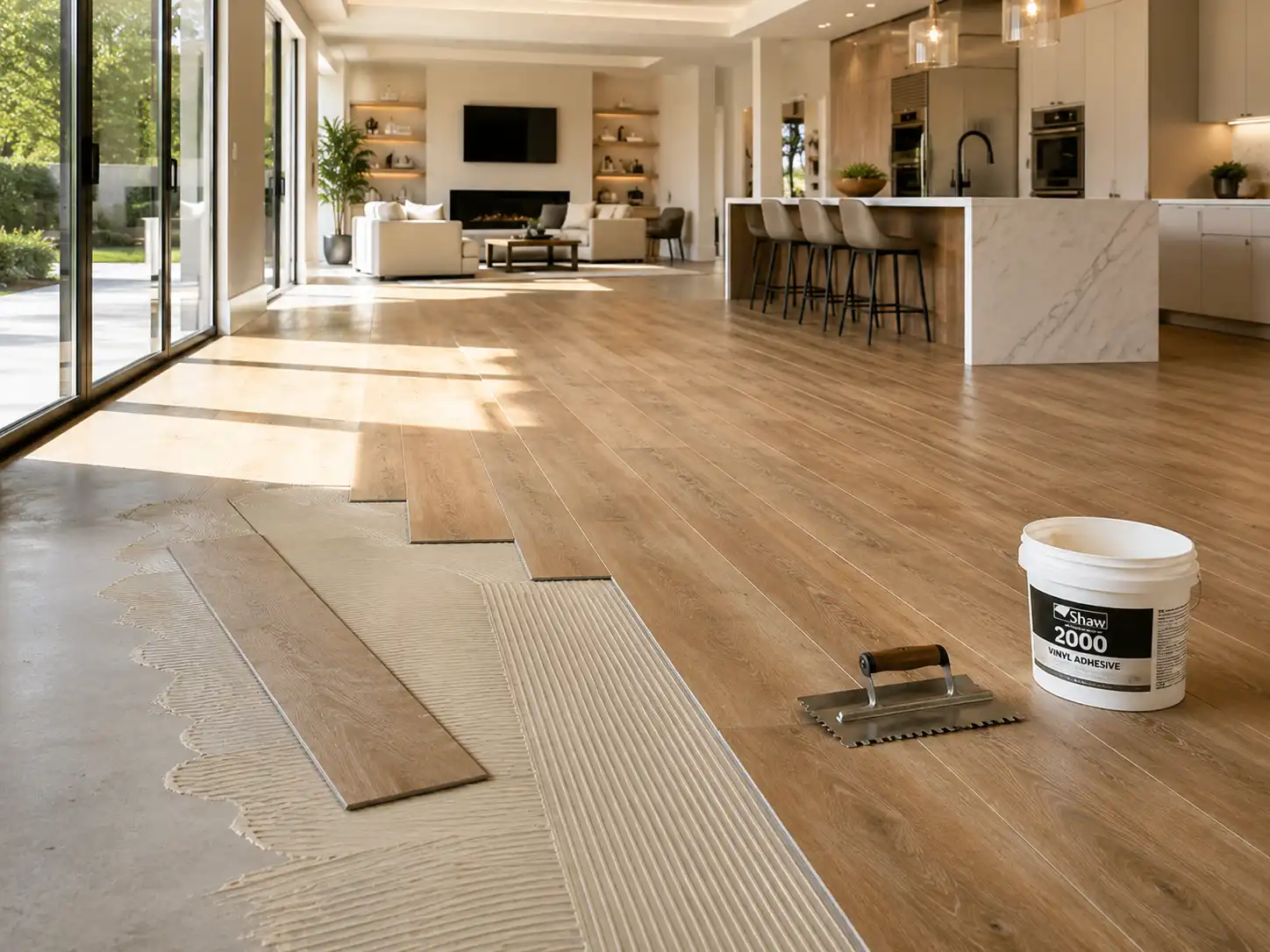 Professional full-spread glue down vinyl plank flooring installation in a bright modern residential interior