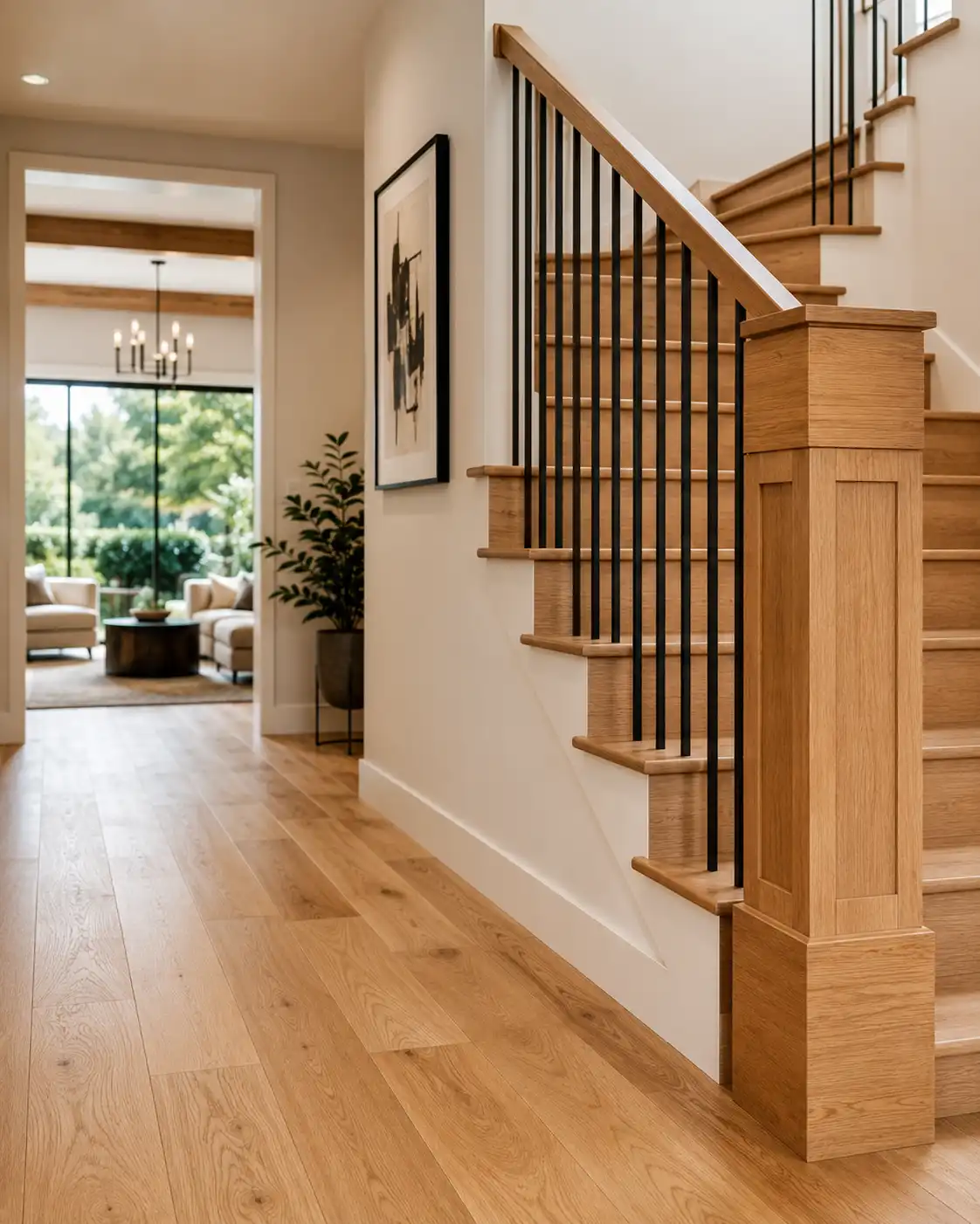 Grand staircase featuring a Craftsman box newel post at the base with oak stair treads matching the hardwood floor