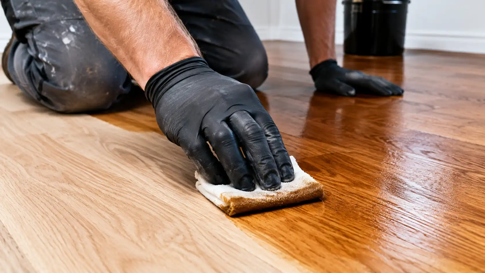 Professional contractor applying amber penetrating oil-based wood stain on raw white oak flooring boards
