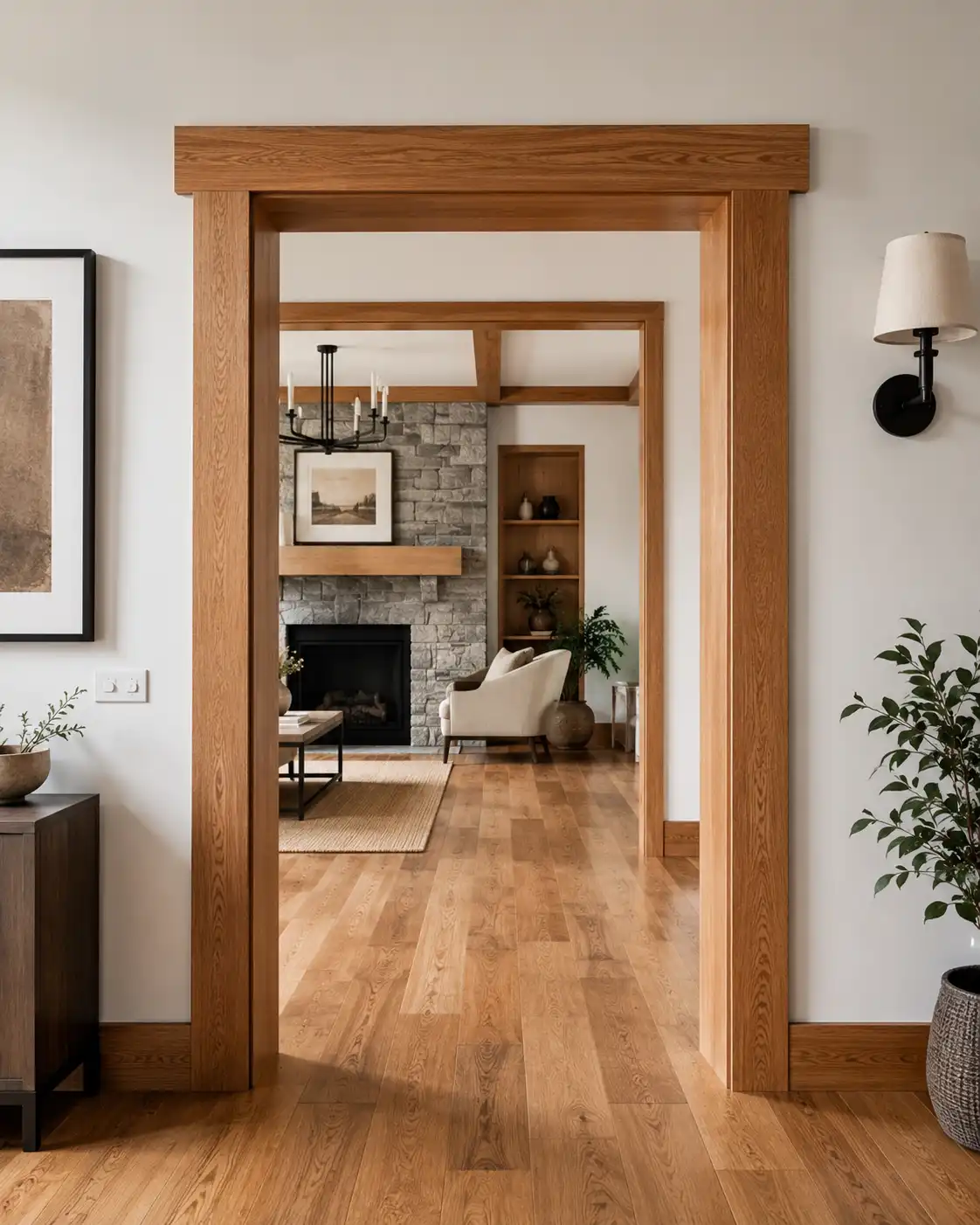 Beautifully installed Craftsman-style hardwood door casing on a premium interior doorway matching oak floors