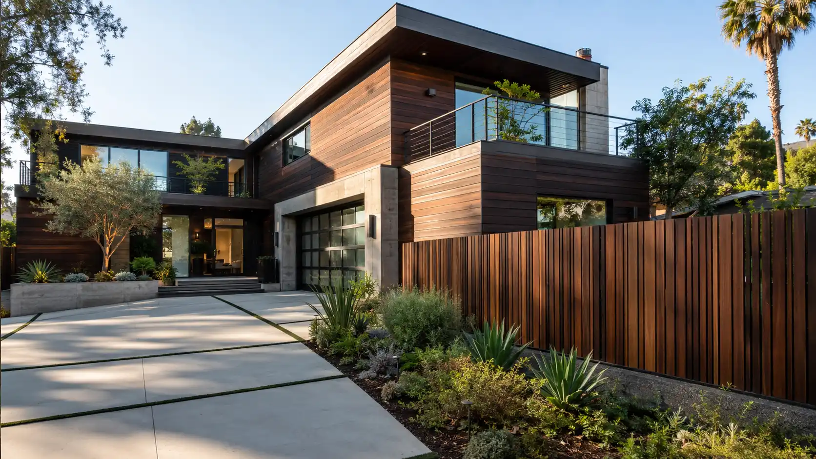 Contemporary modern estate exterior facade showcasing seamless luxury horizontal Ipe architectural cladding siding and fence installation lines