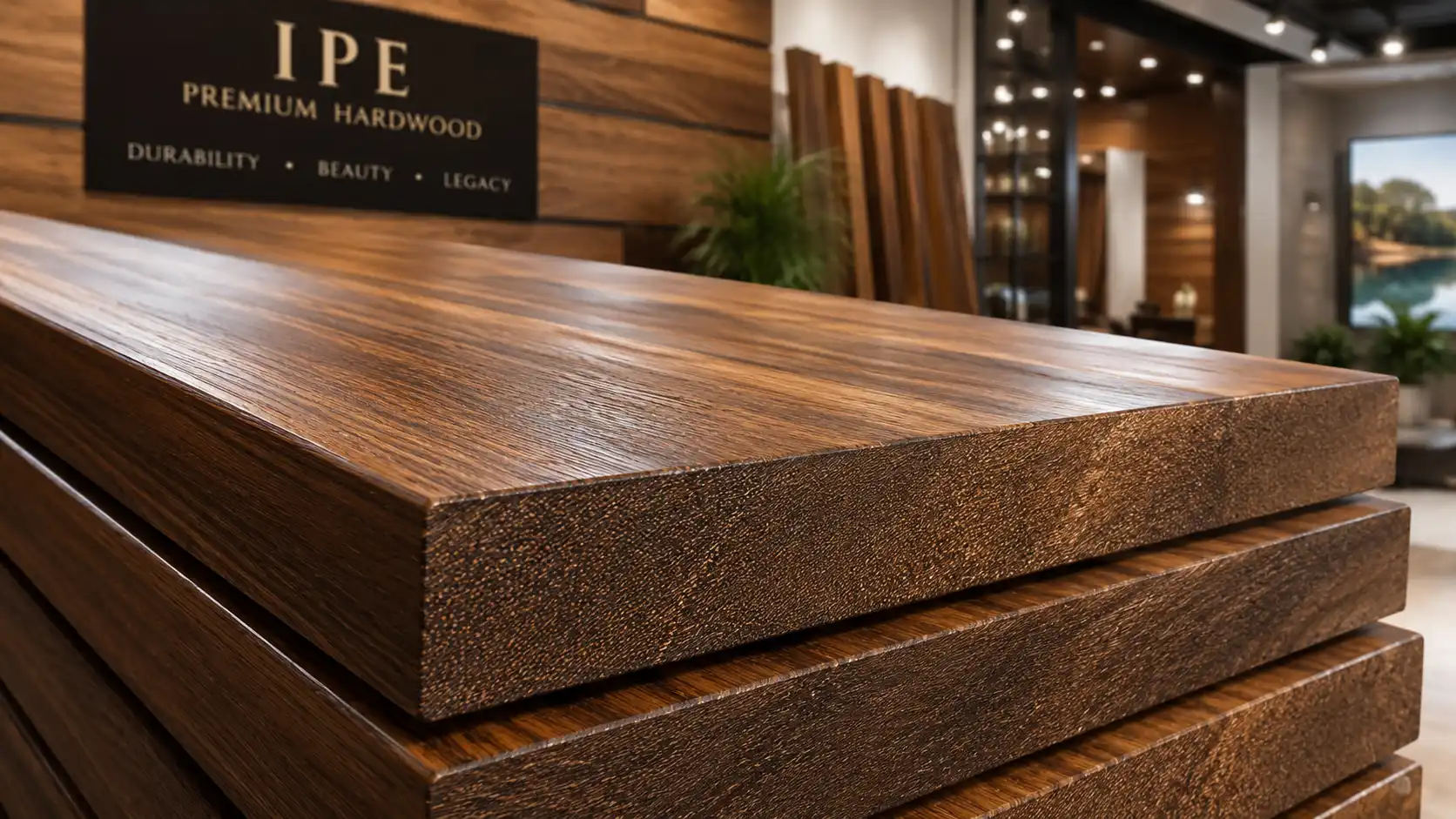 Premium luxury Ipe structural timber boards stack showing tight hardwood grain on display inside Van Nuys showroom