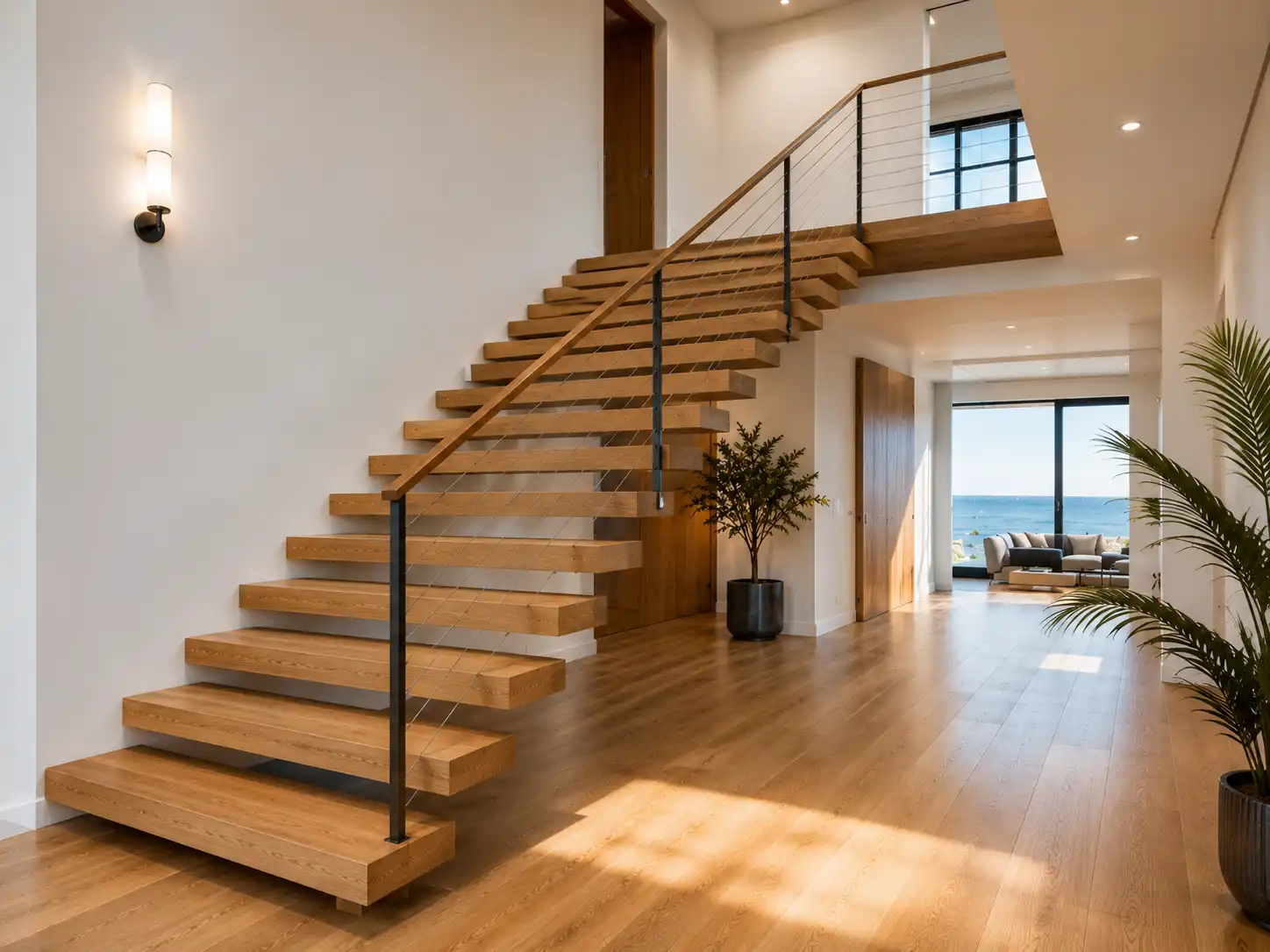 Minimalist L-shaped floating staircase with open risers and premium hardwood planks mounted on structural masonry