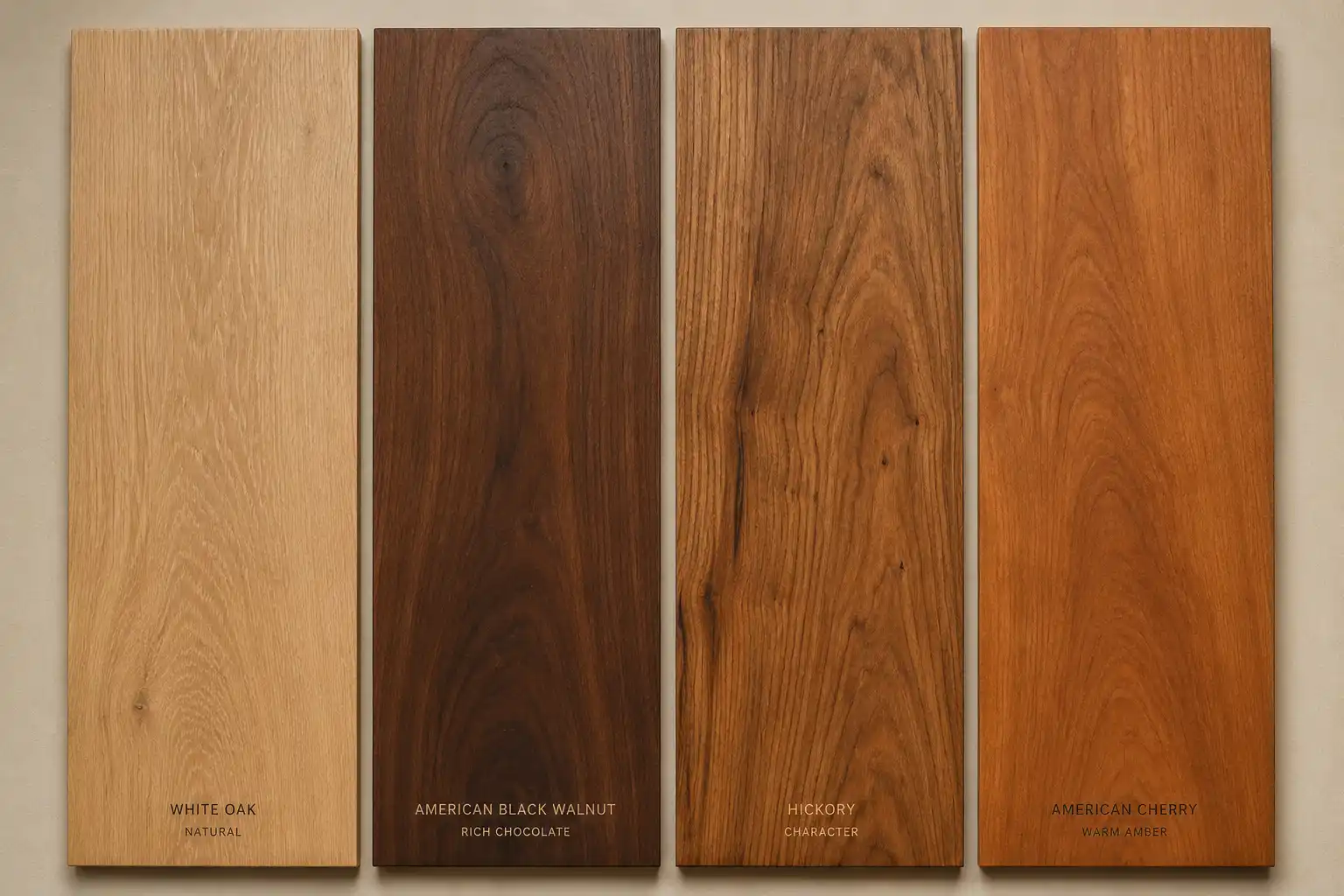 Side-by-side display of raw wide plank luxury hardwood species options showcasing grain profile structures
