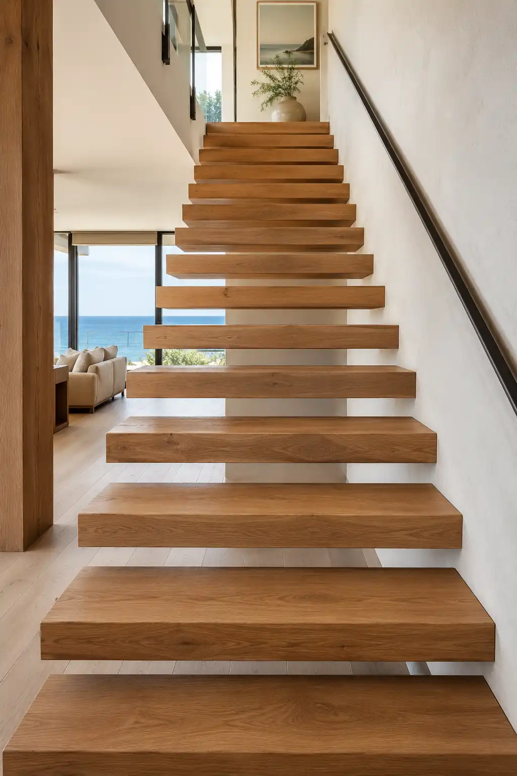 Chunky luxury white oak block treads installed on a contemporary custom residential floating staircase