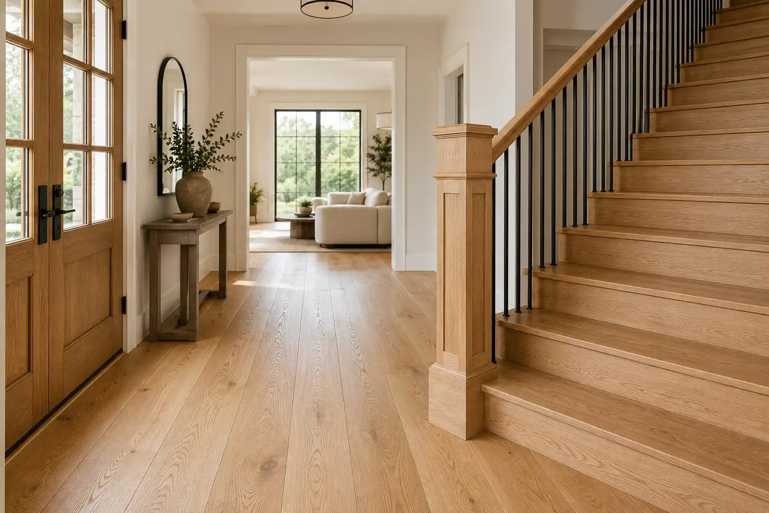 Unified interior staircase showing clear coat white oak hardwood floor, matching oak stair treads, and coordinating solid oak newel post