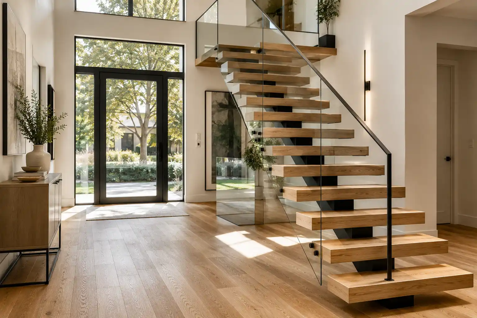 Luxury modern home entryway showcasing a custom mono stringer floating staircase with thick white oak treads