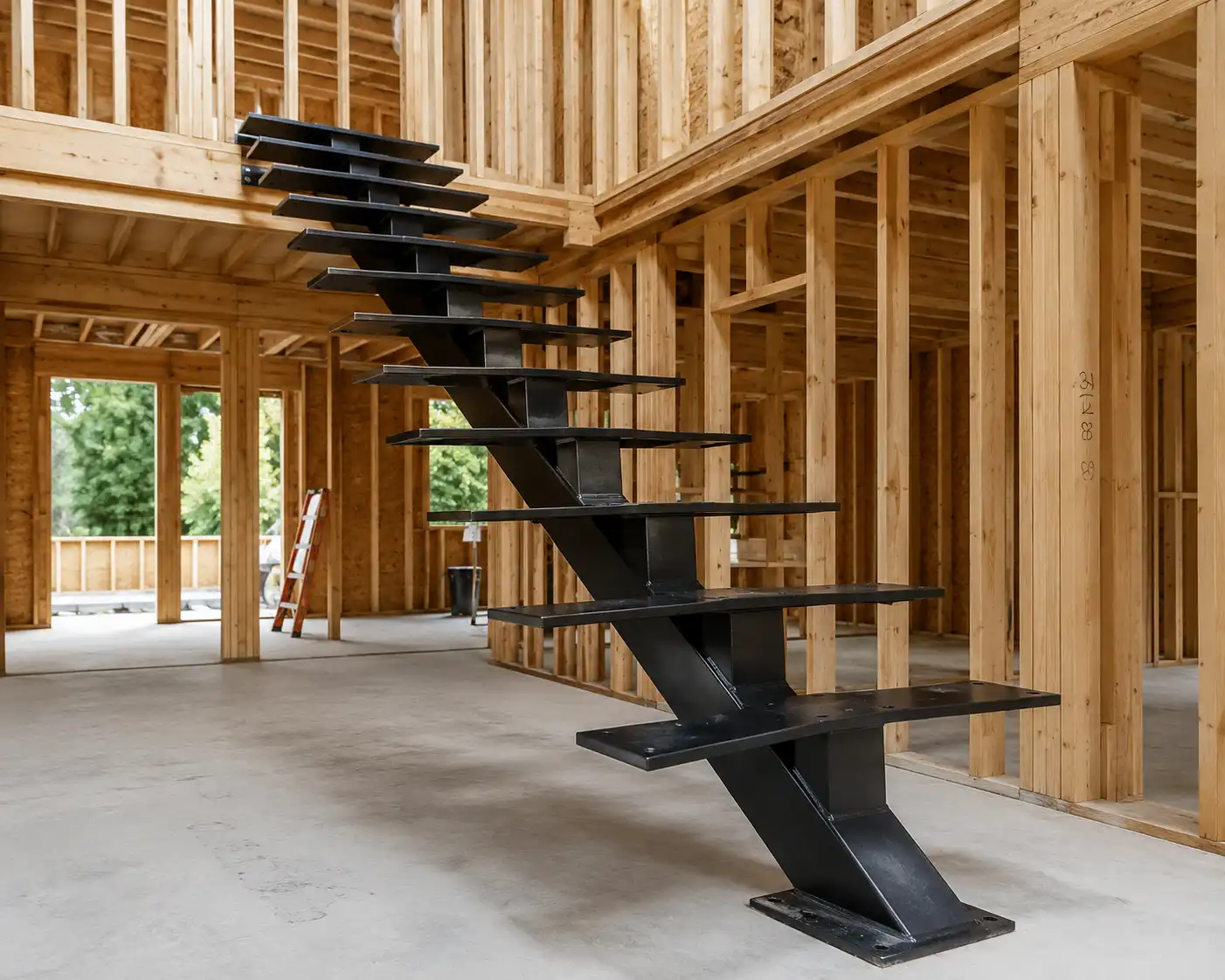 Close-up of a central steel mono stringer structure prior to final hardwood tread capping installation