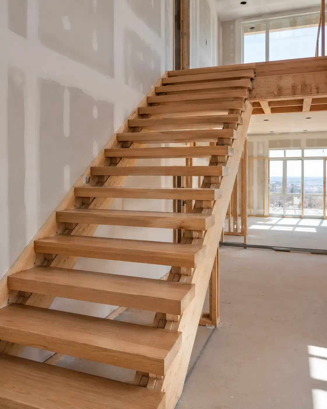 Thick solid hardwood stair treads installed on freshly framed new construction timber stringers