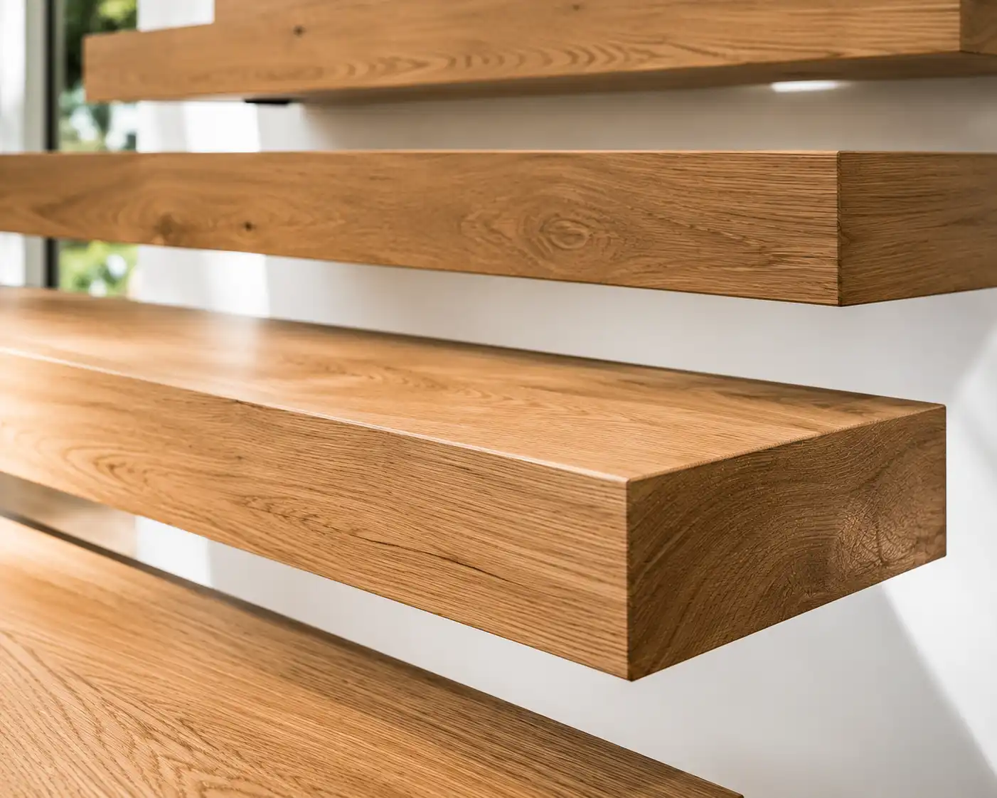 Close-up detail of 3.5-inch thick premium solid white oak block floating stair treads