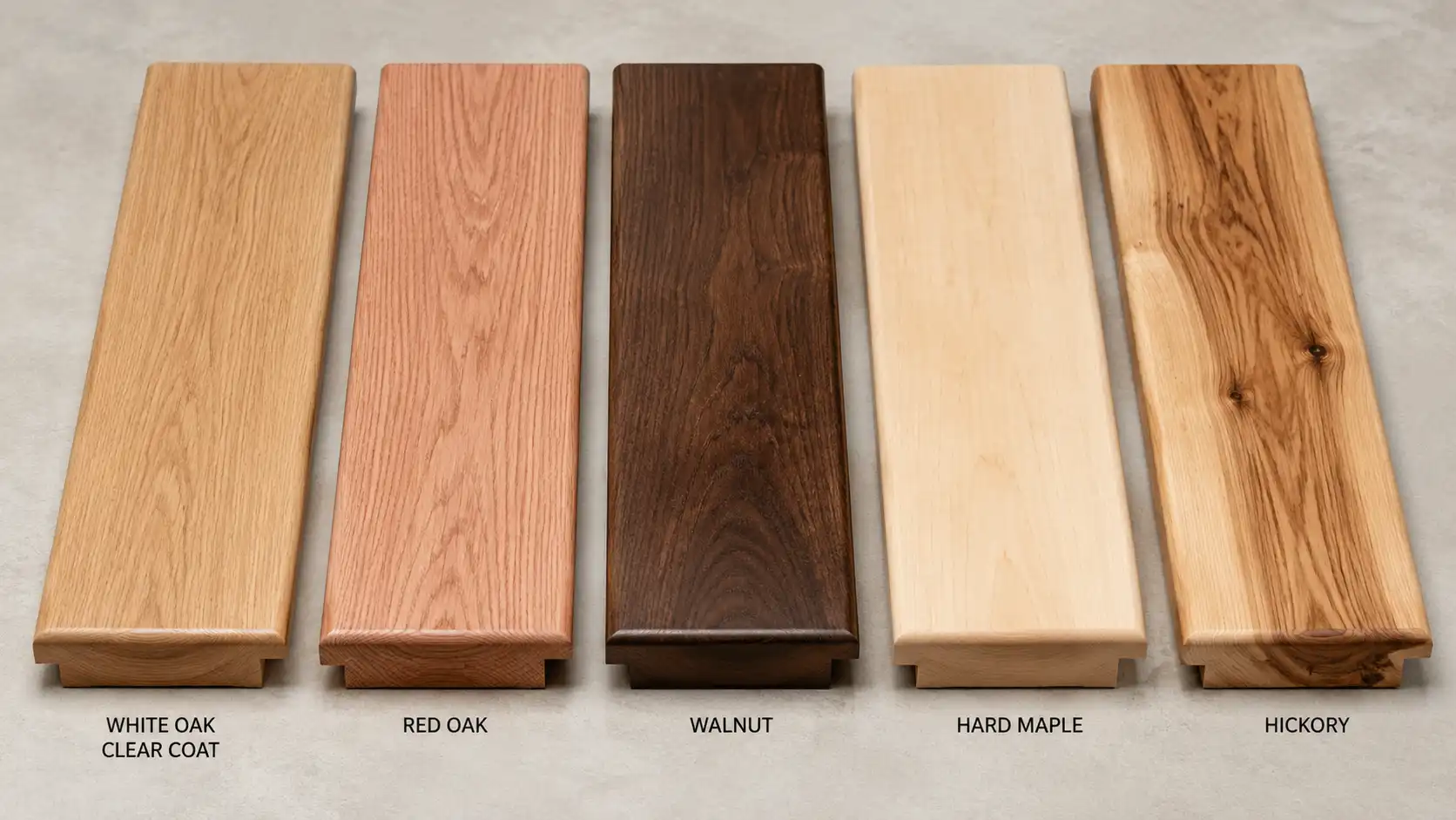 Side-by-side display of five premium hardwood stair tread samples showing grain texture differences