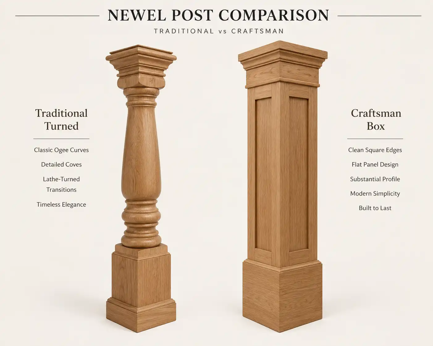 Side-by-side infographic comparison of a traditional turned newel post and a modern flat-panel box newel post