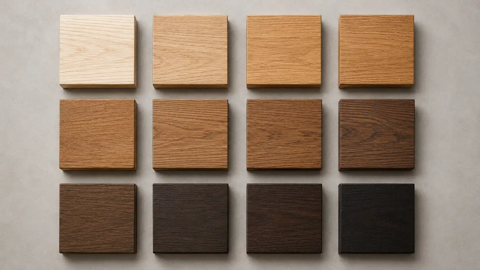 Curated interior designer palette showing trending 2026 wood stain colors from natural oak to honey and caramel warm brown tones